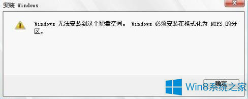 技术员练习win8系统提示“Windows必须安装在格式化为ntfs的分区”的处理方案